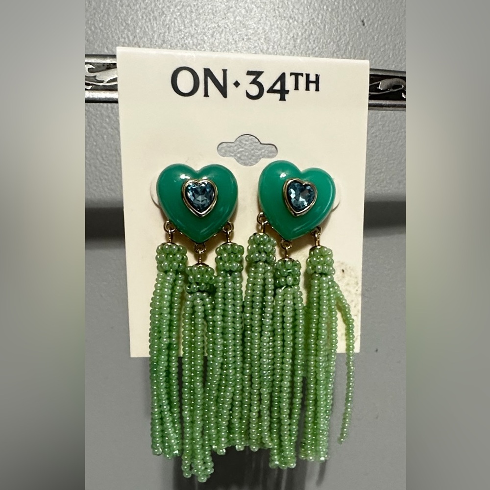 On 34th Gold-Tone Crystal Heart & Beaded Fringe Drop Earrings